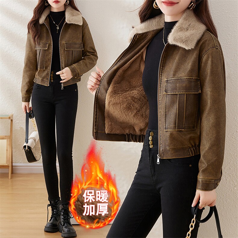 复古加绒皮衣外套女小个子短款2023冬装新款配毛领修身机车服夹克,女装皮衣,江南女神