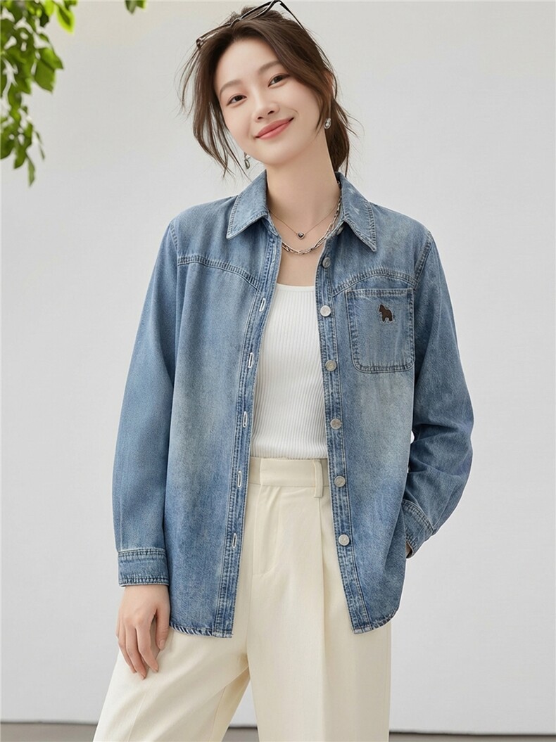 现货2026年春季休闲风牛仔绣花衬衫外套,女装短外套,靓衣阁