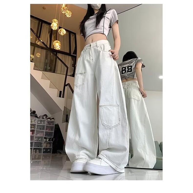 美式复古白色弯刀牛仔裤男女生春秋高街设计感宽松显瘦垂感阔腿裤,男装牛仔裤,星座302B