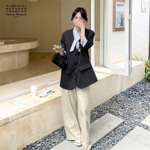 韩版韩系V领西服拼接单排扣西装学院风纽扣正装常规春秋气质长袖图片