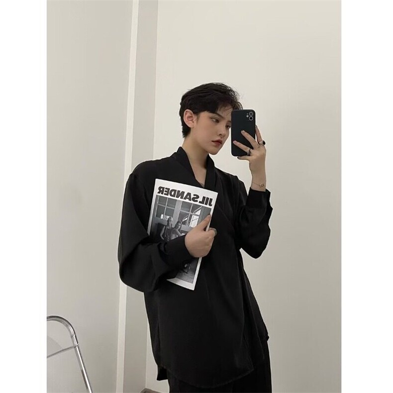 2025黑色日系慵懒风衬衫男长袖V领设计高级感痞帅宽松衬衣,男装衬衫,星座506A