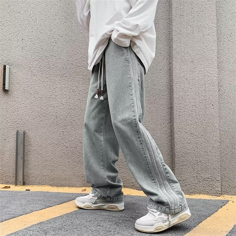 高街牛仔裤男韩版潮流拼接条纹帅直筒2024冬季ins长裤RK1282-P42图片