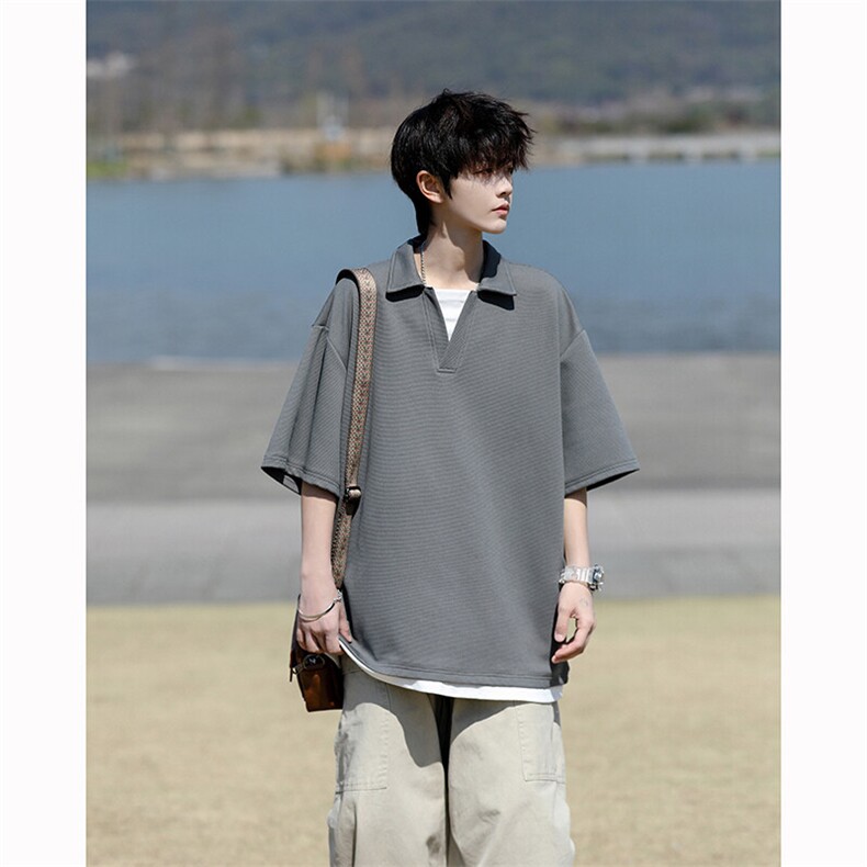 8XL-M假两件V领短袖t恤男夏翻领半袖宽松重磅华夫格大码DT001P40,男装T恤,电商B312