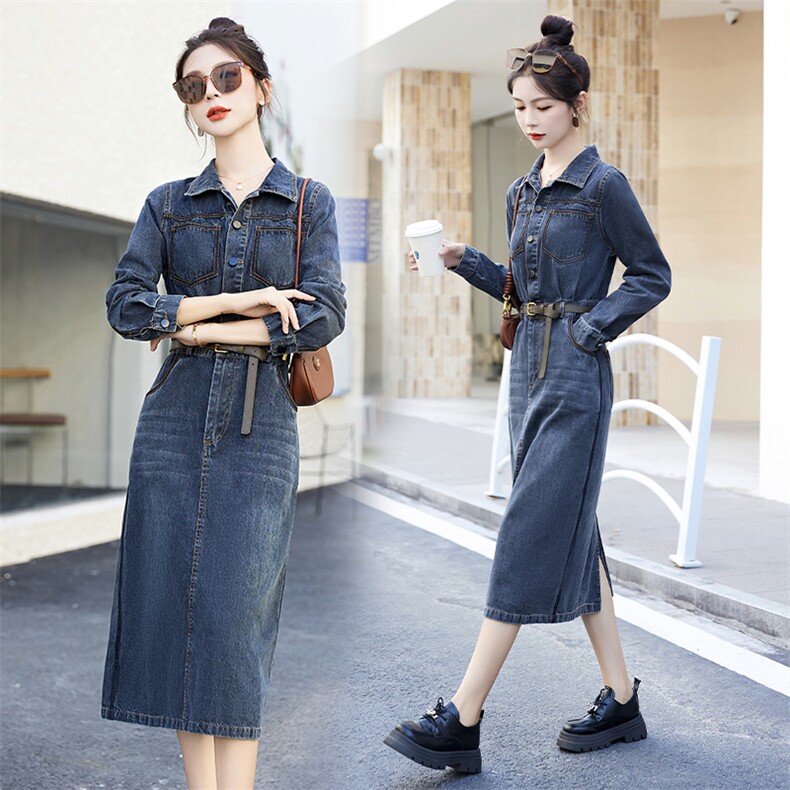 复古港味深色牛仔连衣裙女2024秋季新款气质高腰显瘦修身翻领长裙，女装套装/套裙，布芭啦