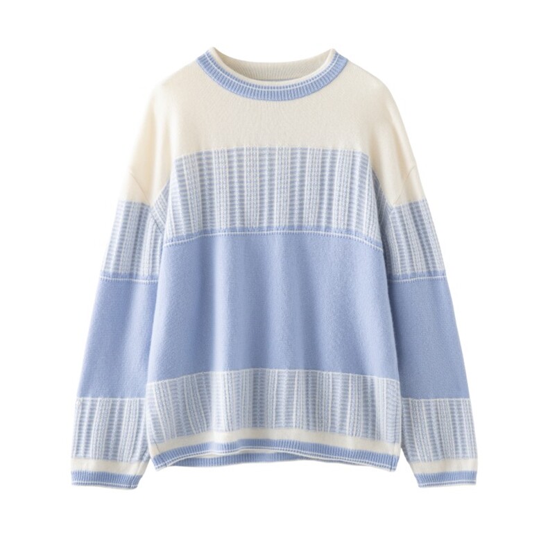 2025年秋季时尚百搭通勤简约休闲拼色提花圆领，女装针织衫/毛衣，圣暖羊绒