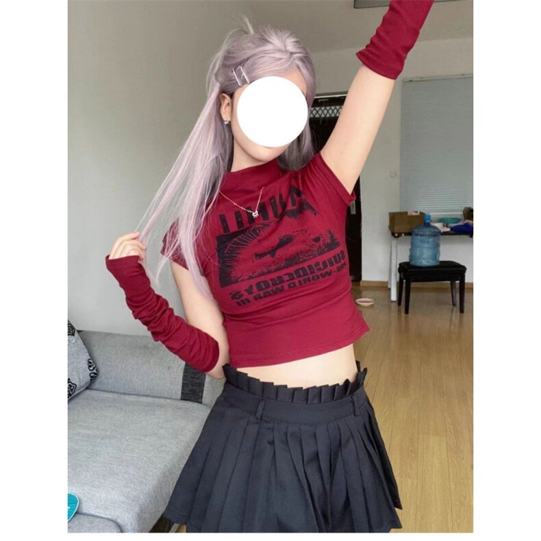 H0507-p30【带袖套】美式立领印花T恤女辣妹修身显瘦百搭短款上衣,女装T恤,星座617A-2