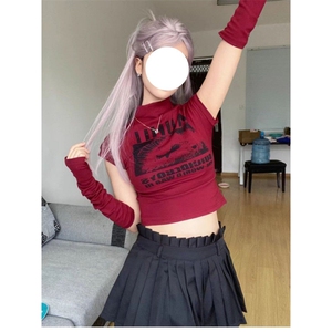 H0507-p30【带袖套】美式立领印花T恤女辣妹修身显瘦百搭短款上衣图片