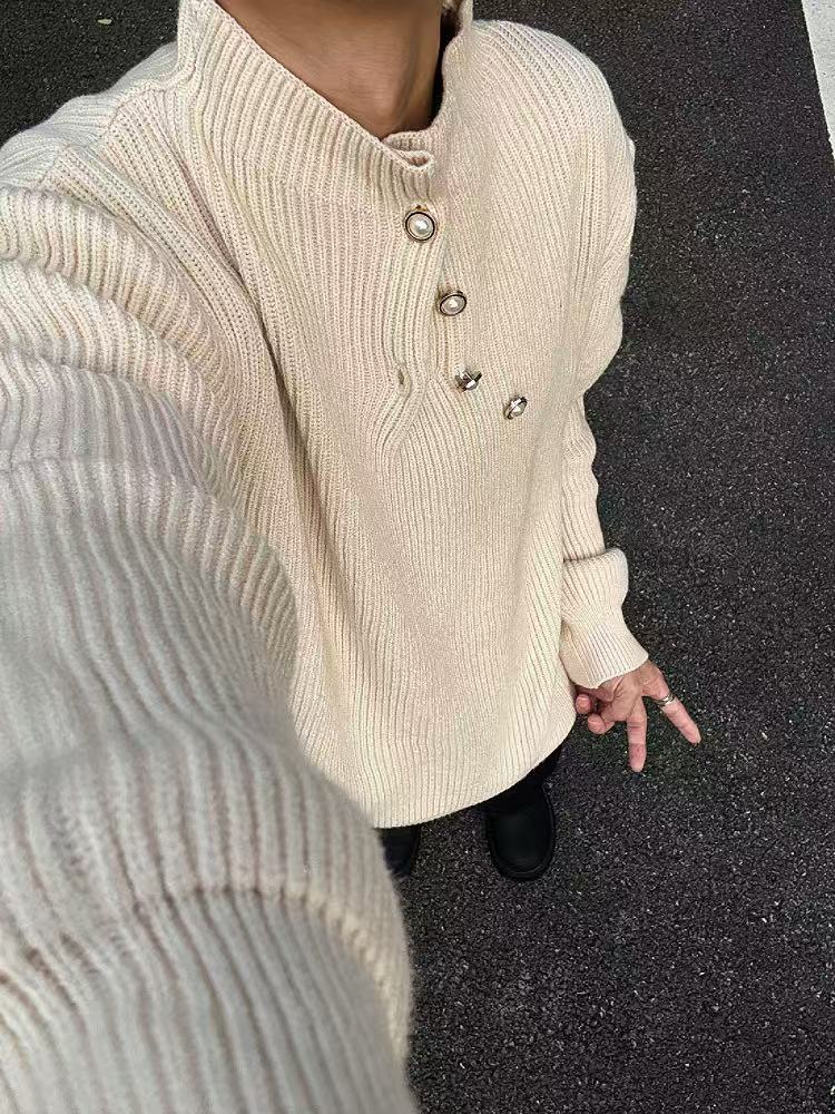 有货~杏色套头高领针织毛衣秋冬慵懒风纽扣设计高级感MY553特P58,男装针织衫/毛衣,星座1004-6