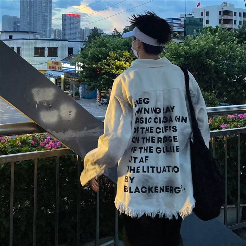 美式复古潮牌背后字母牛仔外套男女宽松破坏毛边情侣夹克,男装工装外套,星座1210-1