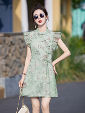 新中式国风套装女2025新款夏季小个子旗袍连衣短裤裙欧根纱两件套，女装套装/套裙，布芭啦