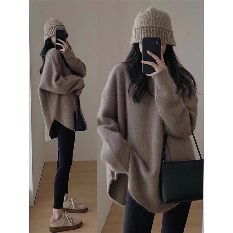 时尚慵懒风宽松圆领纯色简约百搭羊毛衫,女装羊毛衫,七柒羊绒