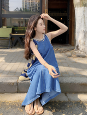 夏日辣妹穿搭无袖牛仔连衣裙女2025新款复古丹宁风设计感亮片长裙，女装连衣裙，浙宝276（原081）