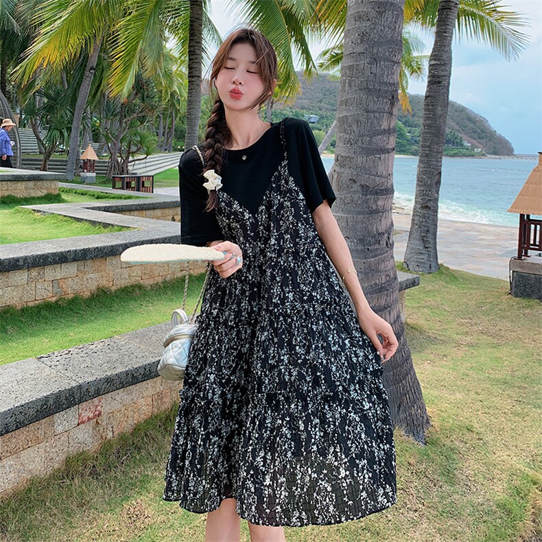 新款现货主推假二件碎花连衣裙9835-P115-K168,女装连衣裙,2C129