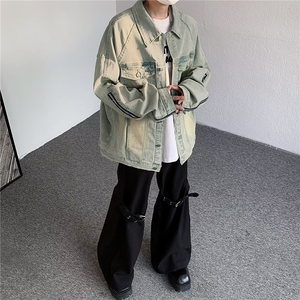 美式高街Vibe黄泥做旧水洗翻领牛仔夹克男FOG拉链外套男 JK8887图片