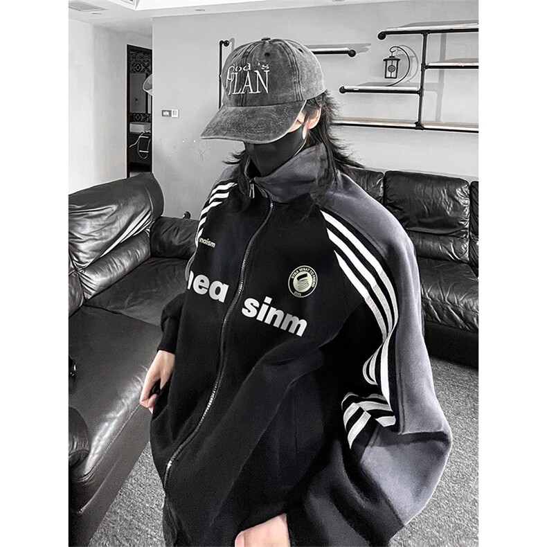 抖音得物秋美式高街重磅结构织带拼接撞色立领卫衣外套ACM4105,女装短外套,电商A443