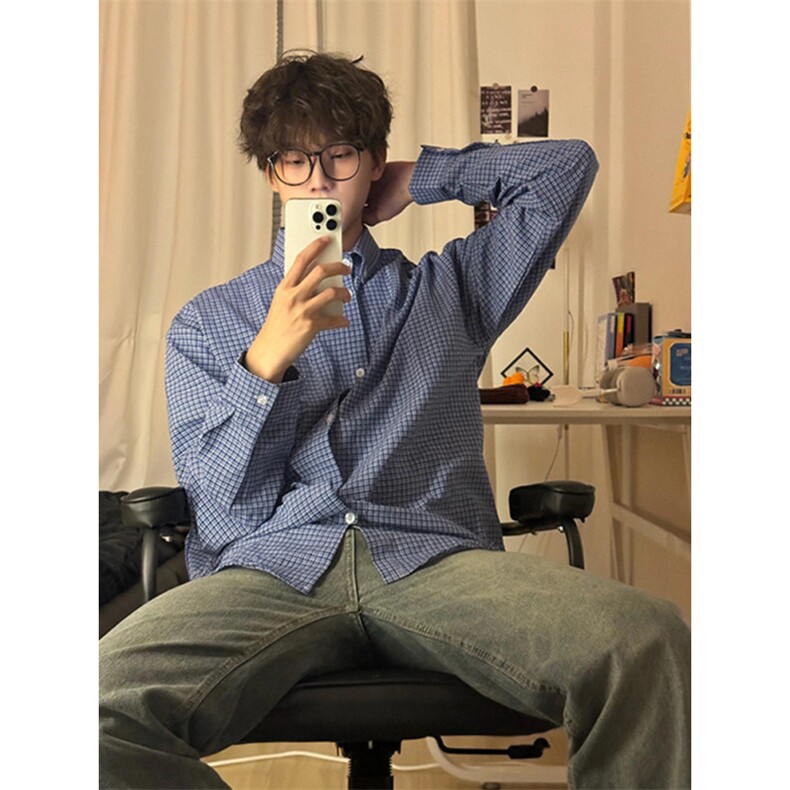 高级蓝色格子衬衫男秋美式慵懒风翻领长袖衬衣休闲宽松上衣C14p35,男装衬衫,电商D315
