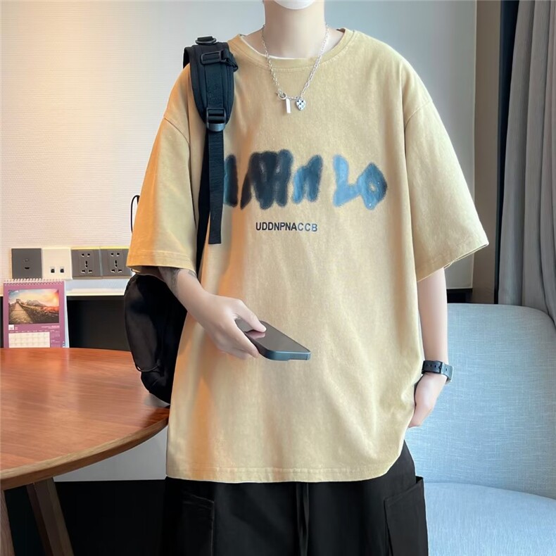 字母T恤男夏季上衣服潮牌ins宽松纯棉包边水洗做旧短袖WT105P35,男装T恤,星座1116-2