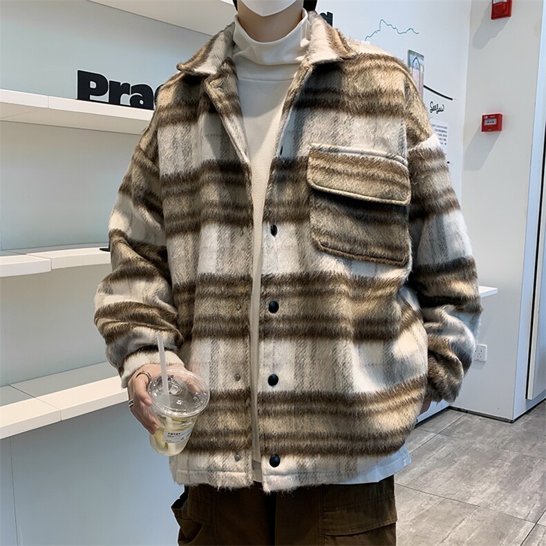 高品质港风秋款男夹克条纹格子衬衫毛呢休闲外套JK0107P65,男装夹克,星座1013-1
