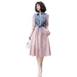 2021新款夏韩版雪纺碎花拼接牛仔连衣长裙短袖修身显瘦大摆裙图片