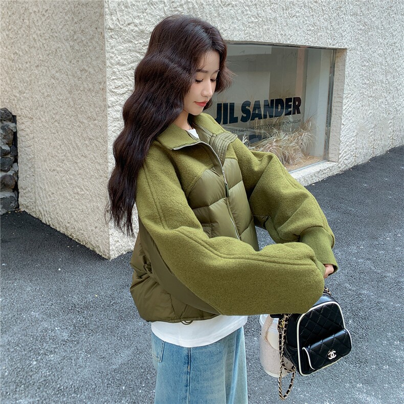 短款立领毛呢拼接羽绒服女2025冬季新款小个子白鸭绒面包服外套潮,女装羽绒服,琦鑫阁（原依鑫阁）