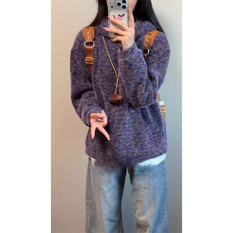 紫色针织毛绒卫衣男女冬季小香风套头连帽衫美式重磅外套,女装短外套,星座1210-1