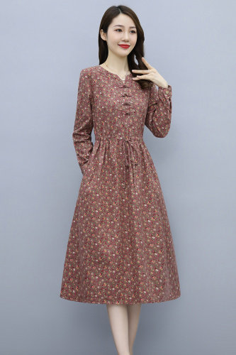 棉布碎花连衣裙女2023春季新款系带收腰显瘦复古气质盘扣文艺裙子,女装连衣裙,鑫思依格