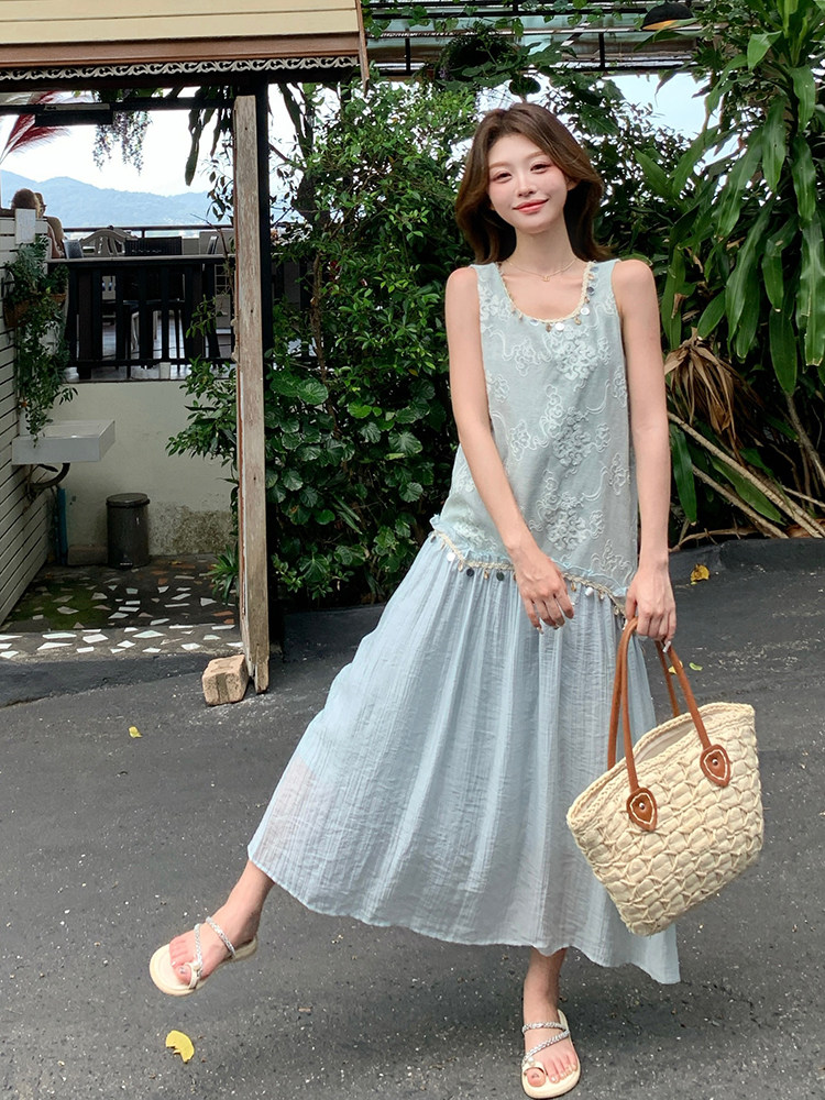 绝美漂亮无袖拼接背心连衣裙女夏2025新款湖绿色流行爆款少女长裙,女装连衣裙,韩蜜菓