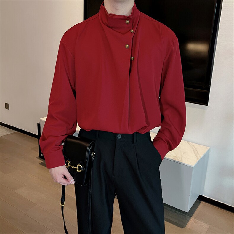 春季安可拉红衬衫男雅痞新中式金扣设计不规则宽松衬衣外套880P62，男装衬衫，电商B267
