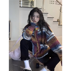 788-P60美式复古彩色条纹撞色开衫毛衣男女慵懒圆领宽松休闲，男装针织衫/毛衣，电商B323A