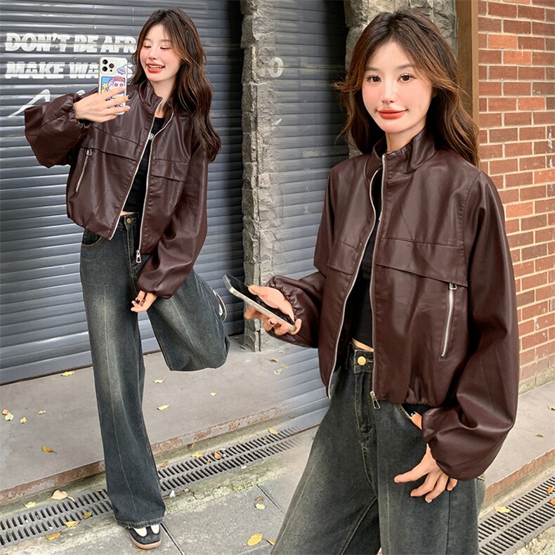 红皮衣外套女秋秋2025新款美式复古又a又飒机车服pu皮夹克,女装皮衣,纯色衣恋