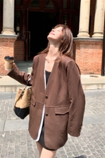 美拉德咖色假两件西装外套女春秋2025新款百搭流行巨好看显瘦西服，女装西装，2C317A