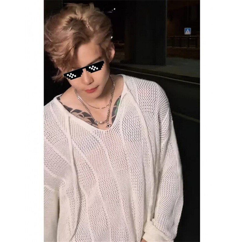 复古慵懒风系绳v领针织镂空长袖T恤男夏季宽松防晒体恤衫TZ79，男装防晒衣，星座1116A（原606A-3）