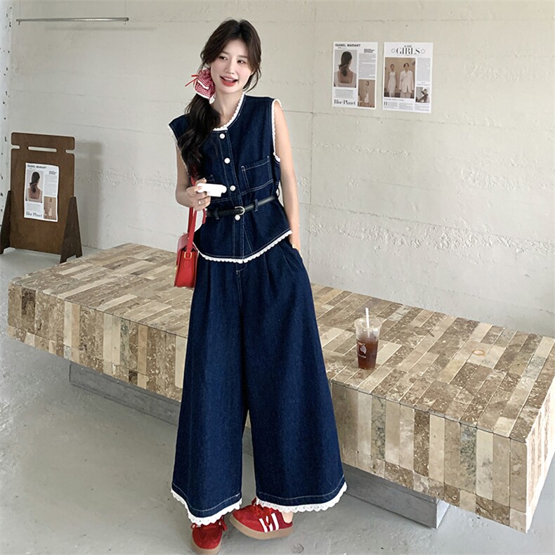 韩系气质蕾丝拼接牛仔马甲阔腿裤套装两件套女春季减龄气质穿搭,女装T恤,2D076