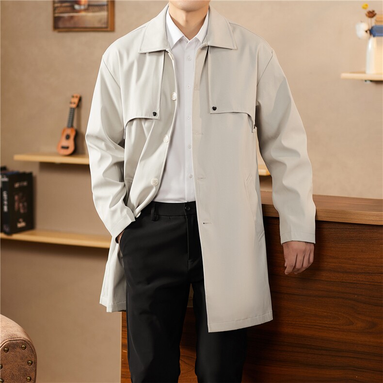 MJ59875春秋新款男士中长款风衣翻领商务时尚男装纯色外套，男装风衣，电商B360A（原721A）