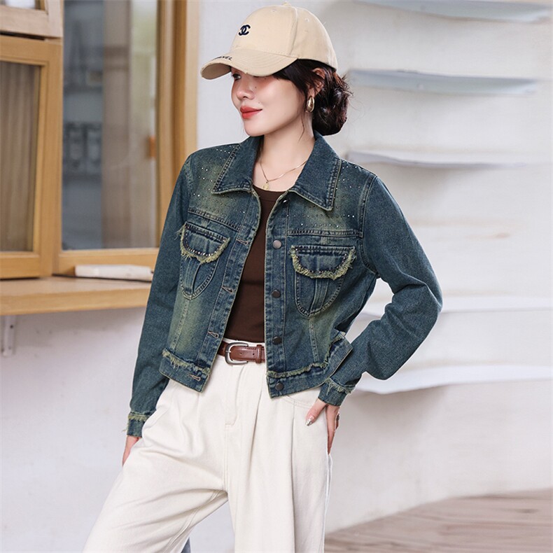 港风牛仔短外套女铆钉流苏毛边短款上衣2024秋季新款小个子夹克潮，女装牛仔外套，美拉德工厂直营店