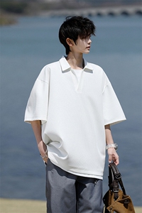 8XL-M假两件V领短袖t恤男夏翻领半袖宽松重磅华夫格大码DT001P40图片