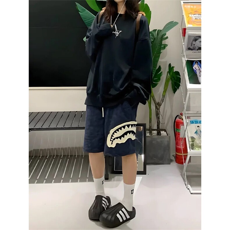 网图有货美式复古贴布鲨鱼嘴运动短裤男宽松五分裤女A685-P35,男装牛仔裤,星座1505