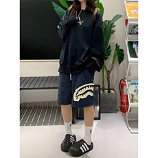 网图有货美式复古贴布鲨鱼嘴运动短裤男宽松五分裤女A685-P35，男装牛仔裤，星座1505