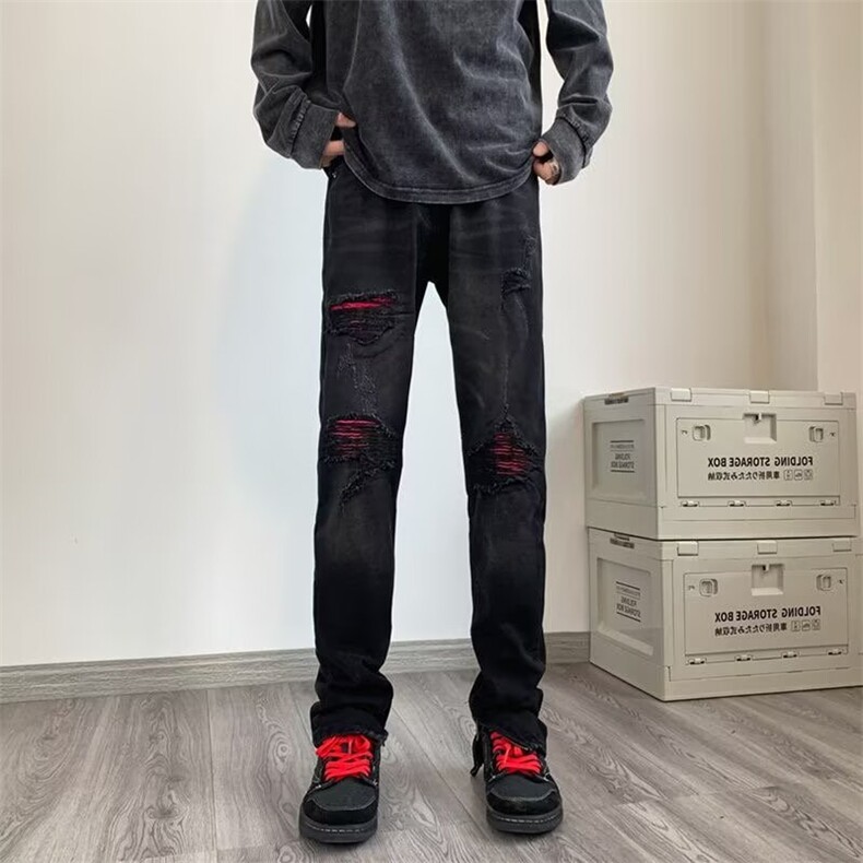 1506-1/K1411杜哒哒/P44黑色破洞牛仔裤男春秋新款韩版补丁小脚裤,男装牛仔裤,星座1506-1
