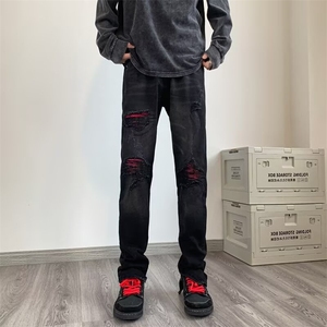 1506-1/K1411杜哒哒/P44黑色破洞牛仔裤男春秋新款韩版补丁小脚裤图片