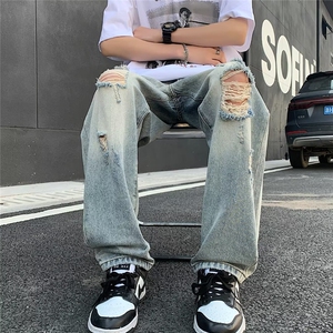 高街vibe风直筒割破洞牛仔长裤hiphop男女休闲裤N09046-P45图片