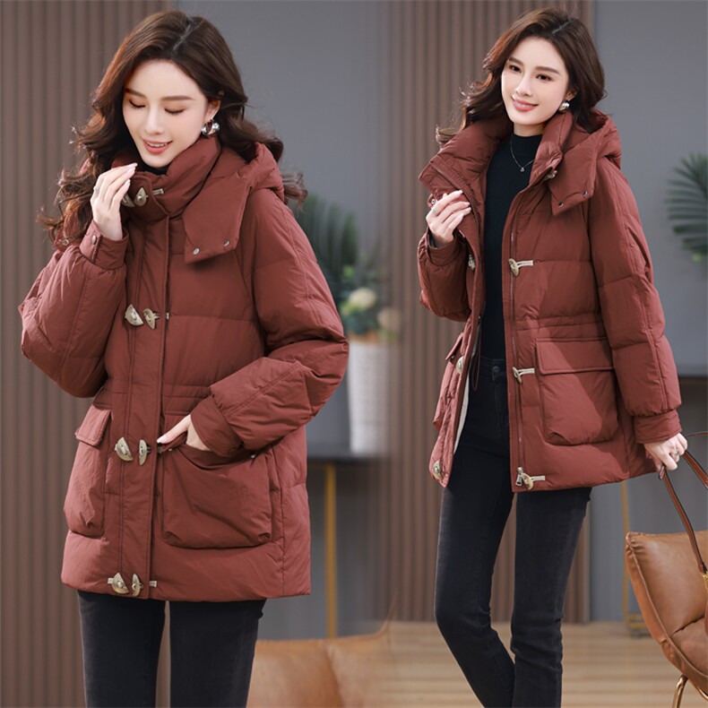 2024年秋冬季新款长袖白鸭绒羽绒服女连帽外套女中长款韩版休闲潮，女装羽绒服，简韵佳