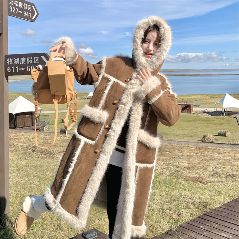 新款！冬装环保皮草中长款连帽皮毛一体外套2C133-8988-P245-K358，女装皮草，2C133