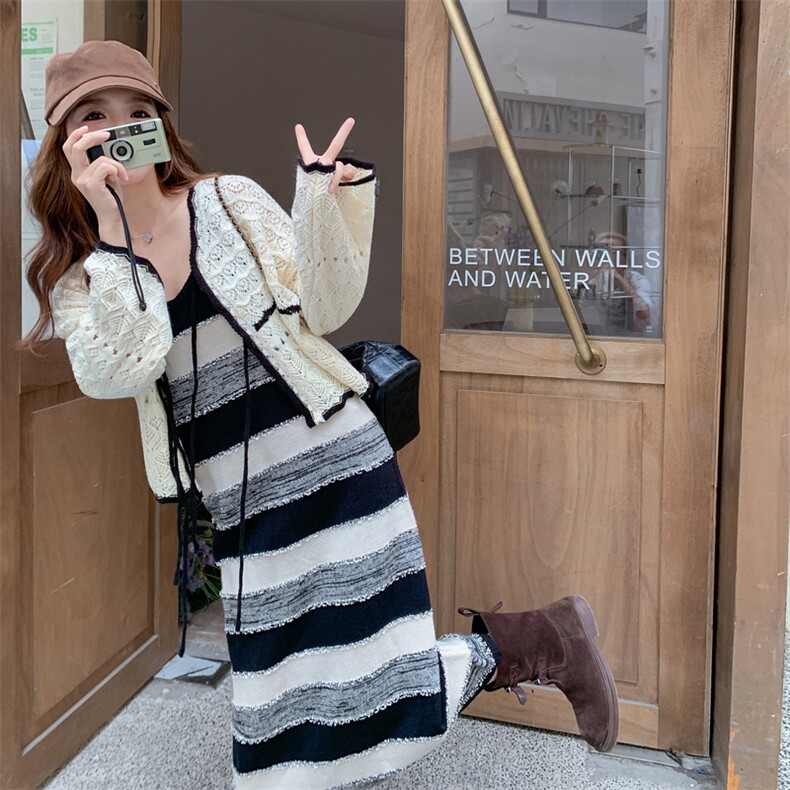 法式温柔穿搭针织开衫条纹吊带连衣裙套装女秋一整套穿搭两件套，女装套装/套裙，帛锦泉