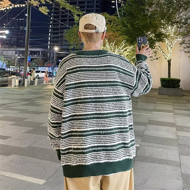 秋冬新款小众设计复古拼色条纹套头针织衫潮牌宽松慵懒风毛衣MY55,男装针织衫/毛衣,星座302B-2