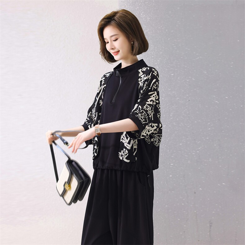 现货2023夏季新款时尚减龄休闲针织拼接雪纺套装两件套,女装套装/套裙,深水步