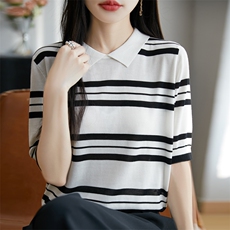 2025夏季翻领拼色条纹针织五分袖女POLO领薄款小个子正肩上衣T恤，女装T恤，大美人高端店