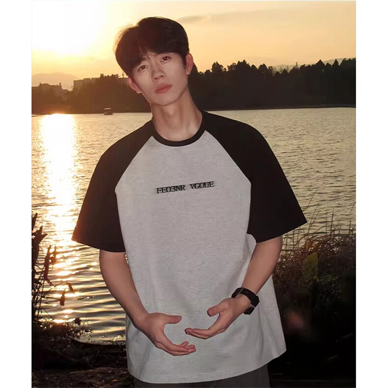 抖音得物高品质二开240克宽松纯棉美式潮牌插肩袖拼接短袖T恤，男装T恤，电商A486