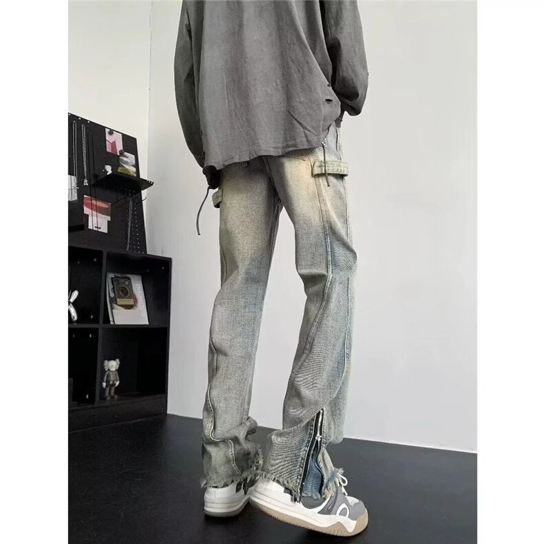 夏高街牛仔裤男款宽松百搭直筒裤痞帅拉链开叉微喇裤子AM107P45，男装牛仔裤，星座1013-5