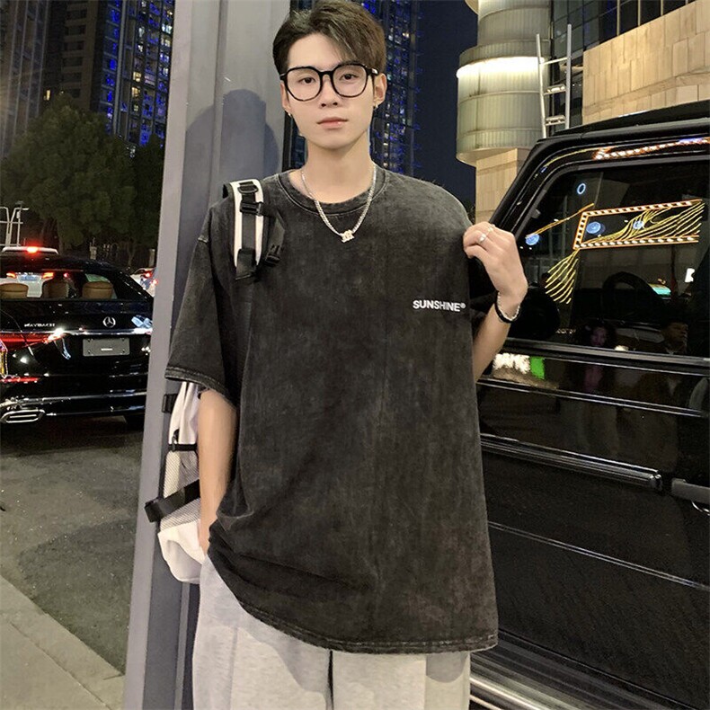 200克水洗做旧短袖T恤棉M-3XL情侣男女V1宽松圆领半袖潮团队,男装T恤,星座115A-3